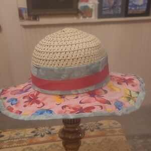 Tan and Pink Floral Wide Brim Hat